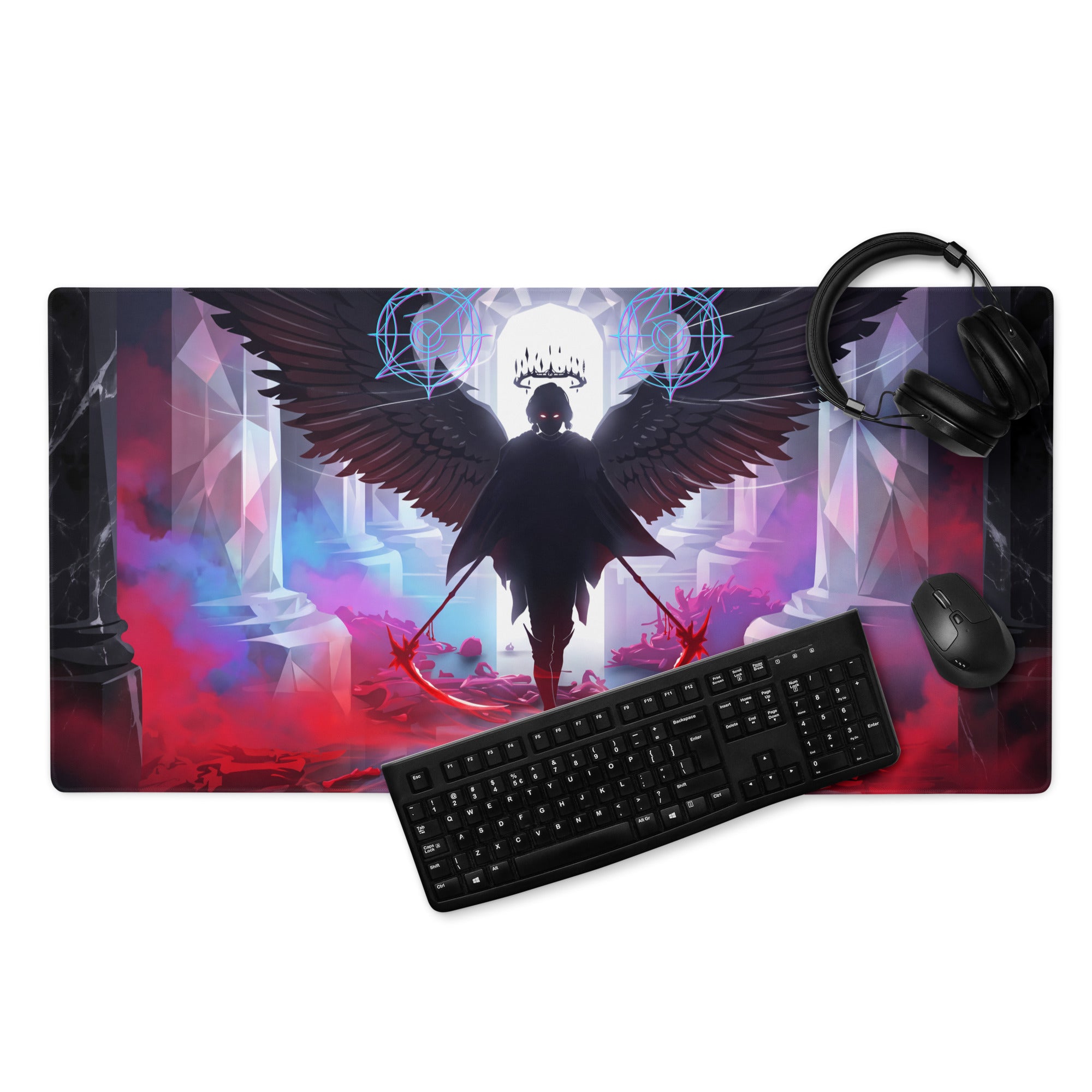 Rectangular neon vaporwave wings gaming mouse pad with dark angelic figure black wings blue glowing patterns