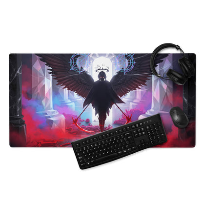 Rectangular neon vaporwave wings gaming mouse pad with dark angelic figure black wings blue glowing patterns