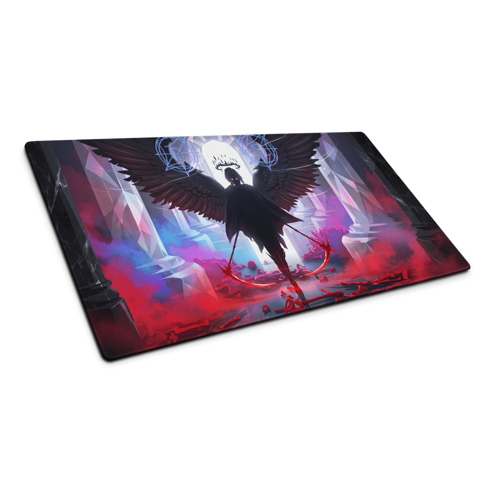 Rectangular neon vaporwave wings mouse pad with dark winged figure and vibrant red purple crystalline design