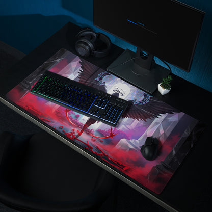 Neon vaporwave wings mouse pad featuring a vibrant red and purple angelic figure with wings on a geometric fantasy background
