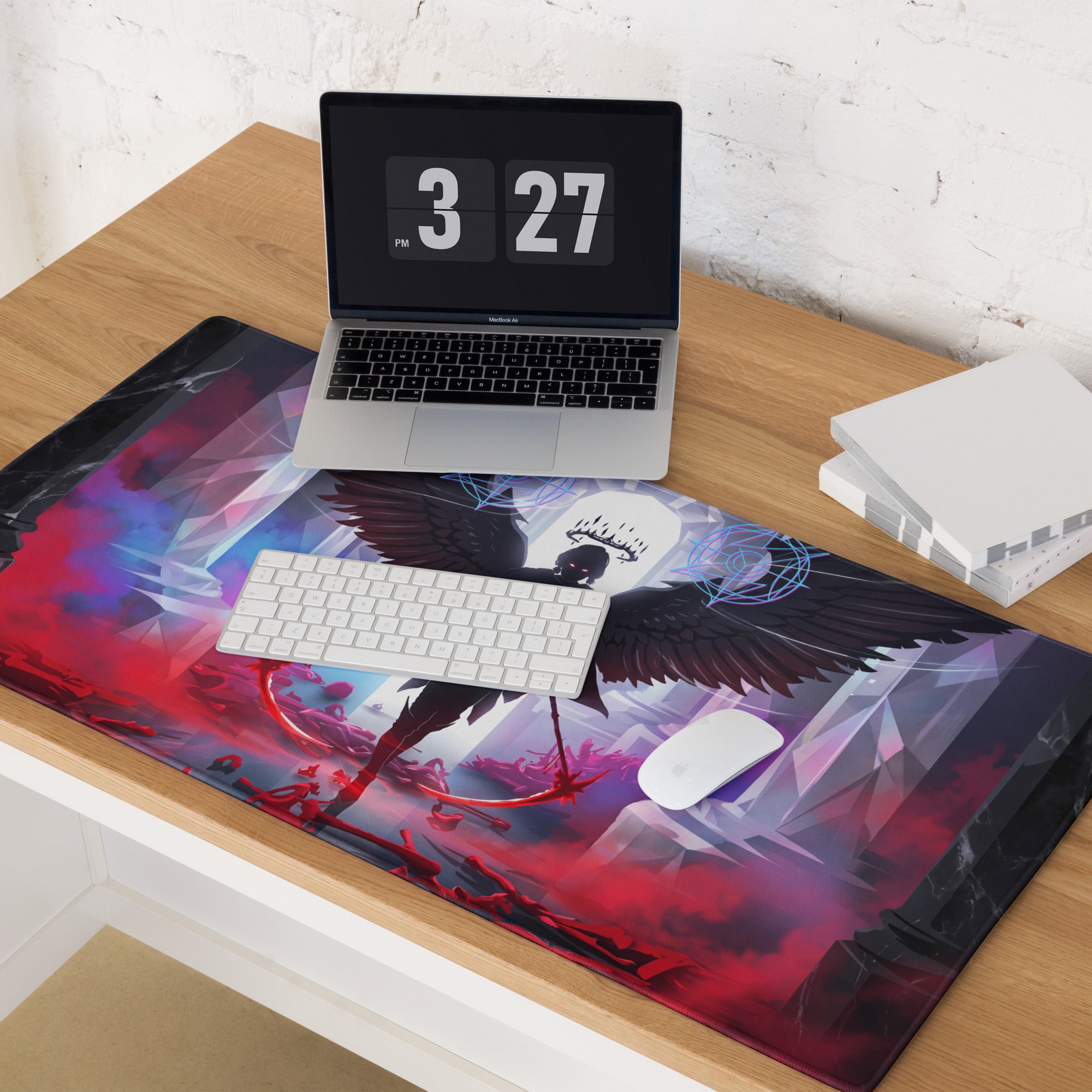Vibrant red black and purple geometric gaming mousepad with winged figure and glowing blue circular neon cyberpunk design