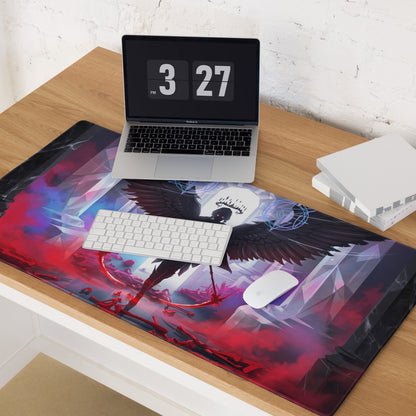 Vibrant red black and purple geometric gaming mousepad with winged figure and glowing blue circular neon cyberpunk design