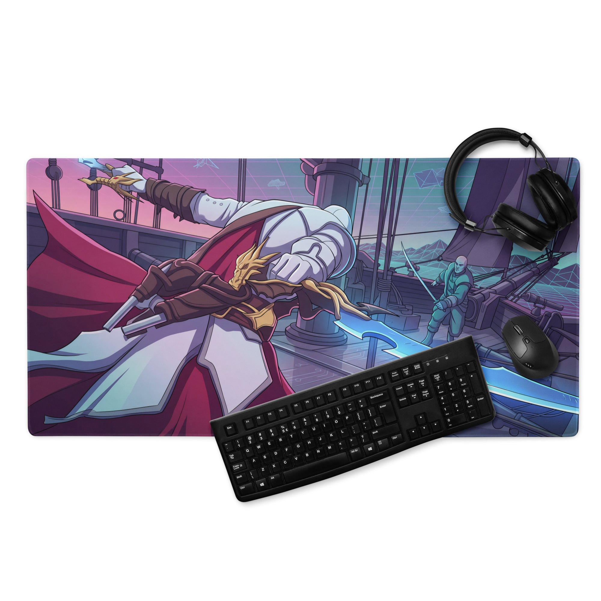 A vibrant vaporwave neon dragon gaming mousepad in purple and teal featuring an anime warrior with a glowing sword on a ship deck