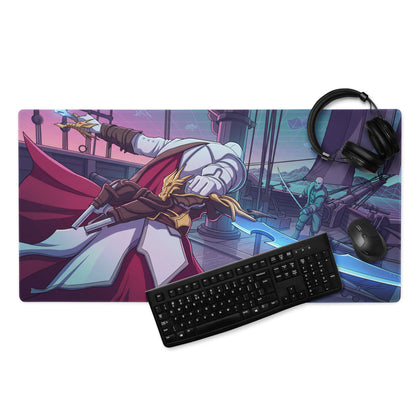 A vibrant vaporwave neon dragon gaming mousepad in purple and teal featuring an anime warrior with a glowing sword on a ship deck