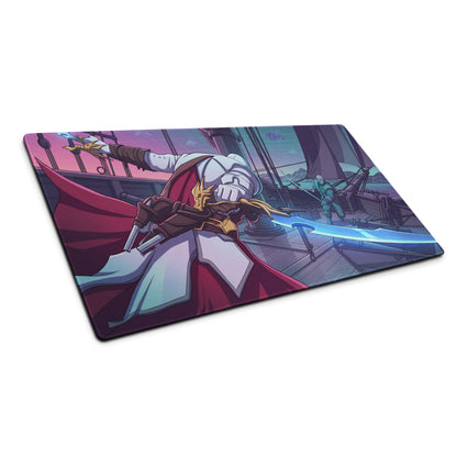 Rectangular vaporwave neon dragon mouse pad with vibrant anime-style knight in white and red armor on ship deck