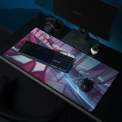 Vaporwave neon dragon gaming mousepad with vibrant anime characters in bold pink and purple hues for cyberpunk setups
