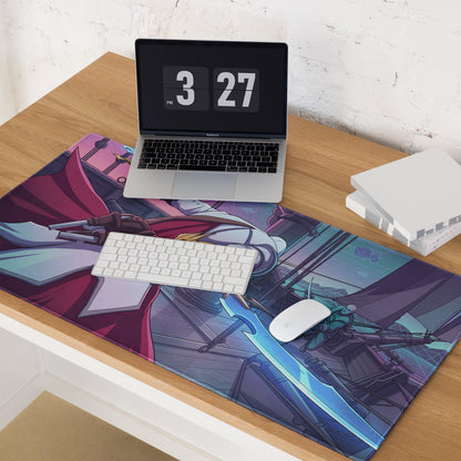 Vaporwave neon dragon gaming mousepad with vibrant anime characters in bold reds and purples for cyberpunk setups