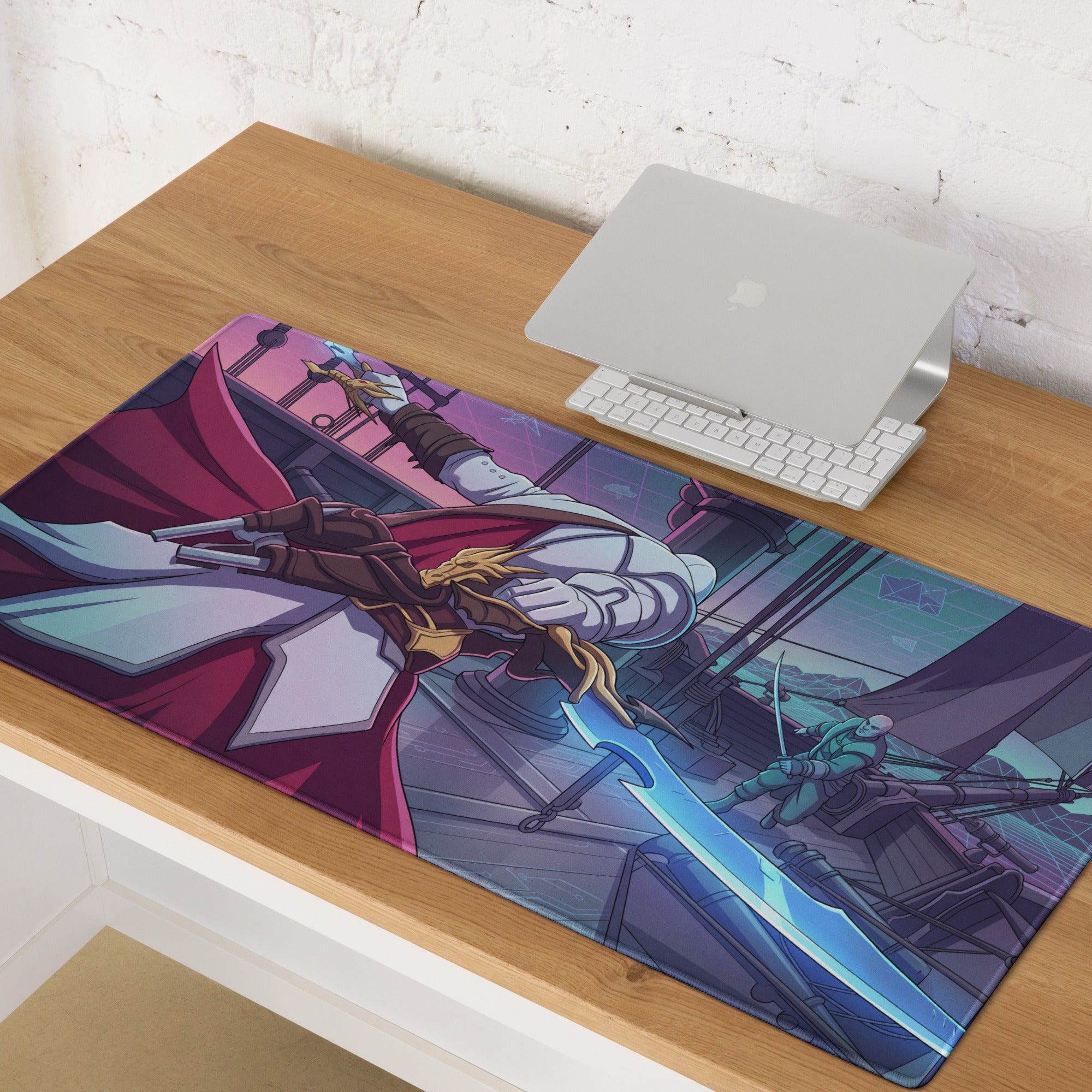 Vaporwave neon dragon gaming mouse pad featuring a vibrant anime warrior in white and gold armor with a glowing sword