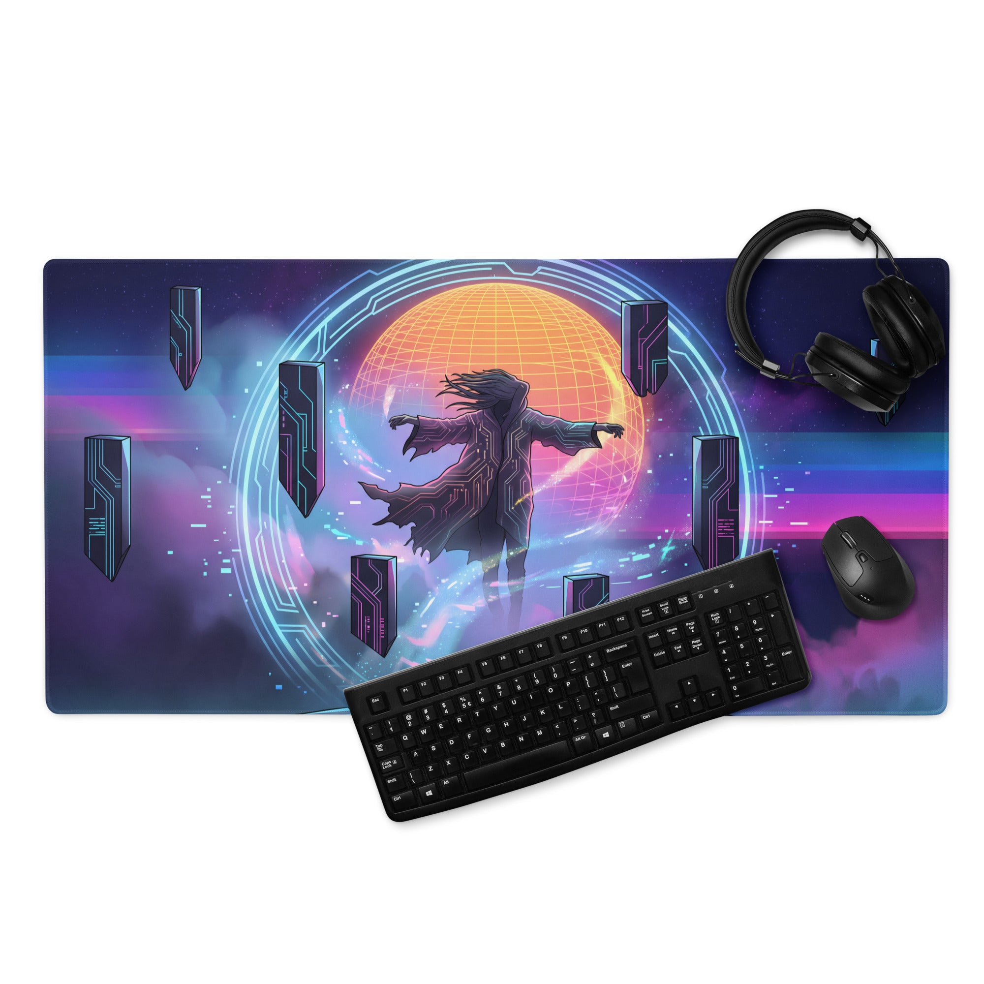 Navy blue and purple retro neon vaporwave mouse pad with glowing orange sphere and digital circuitry patterns