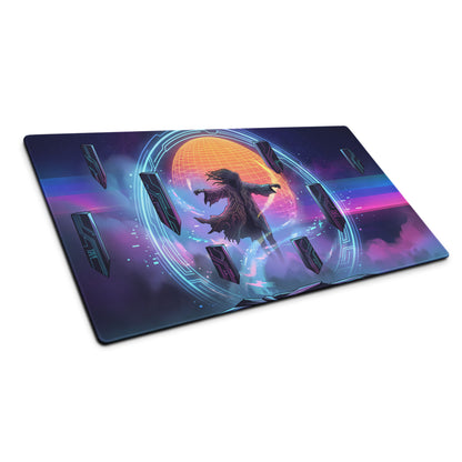 A rectangular retro neon vaporwave mouse pad with a vibrant dark figure on orange and purple cosmic background