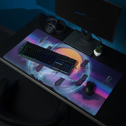 Retro neon vaporwave gaming mouse pad with cosmic design neon purple blue hues and orange planet oversized desk pad