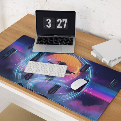Vibrant cosmic-themed retro neon vaporwave mouse pad with futuristic astronaut and neon pink purple circuitry design