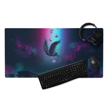 Vibrant vaporwave neon winged pixel gaming mousepad with black winged figure and geometric shapes in purple blue gradient