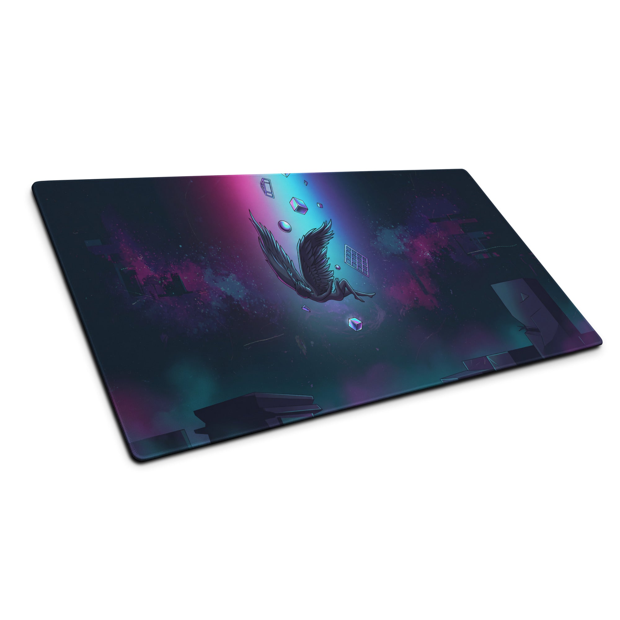 Rectangular gaming mousepad with a dark cosmic design and a winged figure amid glowing purple and teal nebulae vaporwave neon style