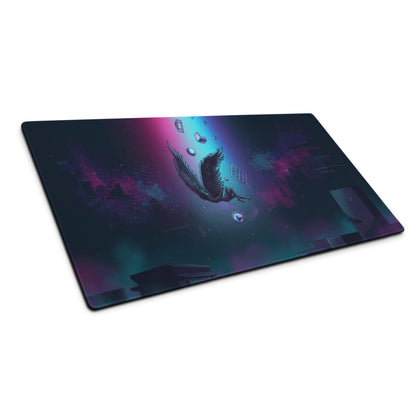 Rectangular gaming mousepad with a dark cosmic design and a winged figure amid glowing purple and teal nebulae vaporwave neon style