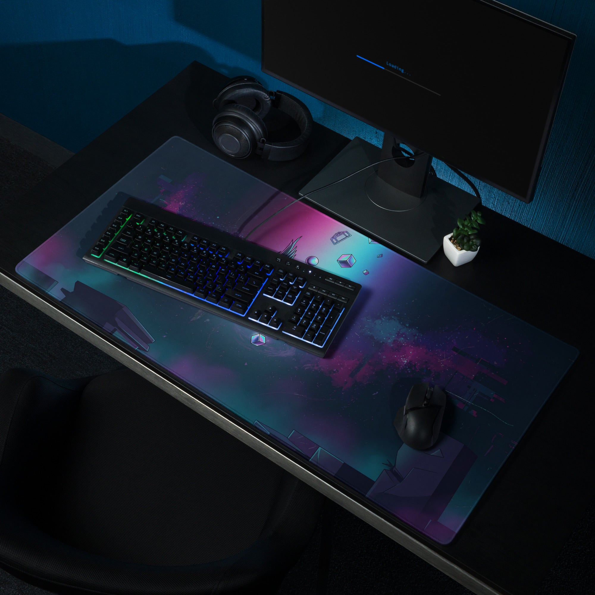 Vaporwave neon winged pixel pad gaming mousepad with vibrant galaxy theme and purple teal gradient for desk use