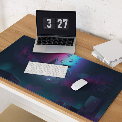 A vibrant cosmic-themed mousepad with deep purple blue teal hues and geometric shapes featuring stylized wings