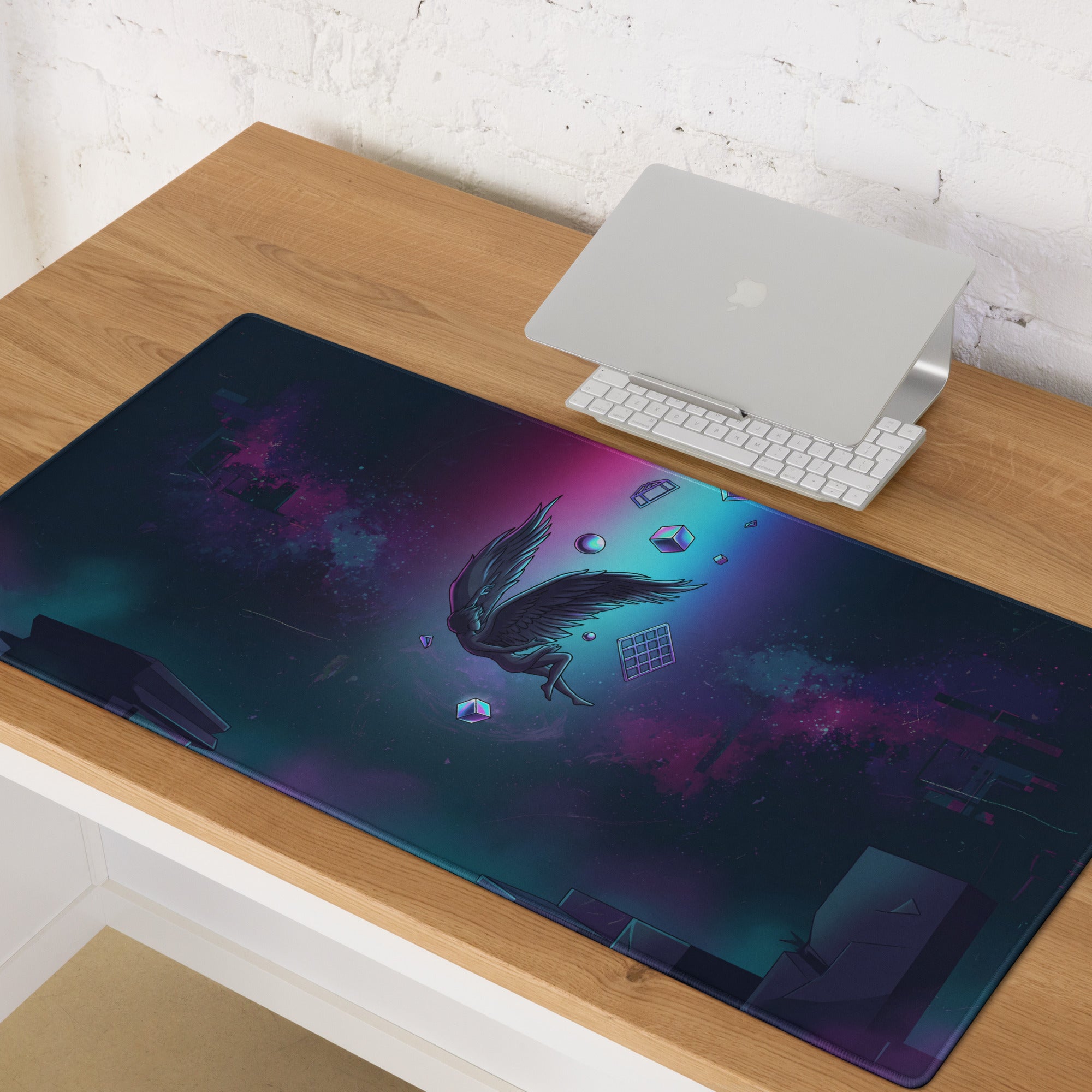 Vaporwave neon winged pixel pad rectangular glossy gaming mousepad with dark cosmic purple and teal nebula design