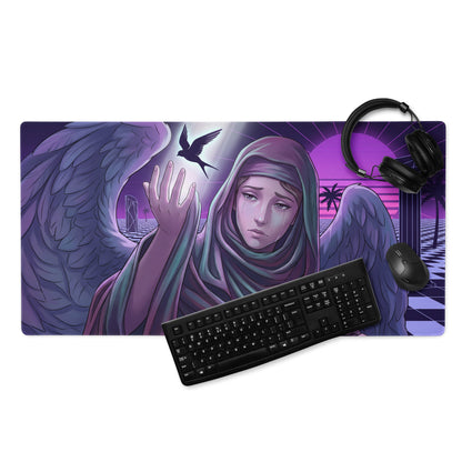 Neon angel vaporwave mouse pad featuring a purple and teal winged figure with outstretched hand against retro sunset