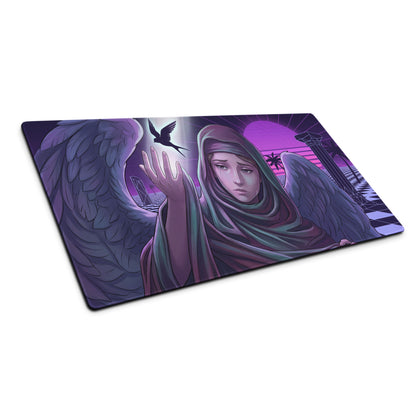 Purple and teal vaporwave gaming mousepad featuring an angelic figure with wings over a neon-lit cityscape background