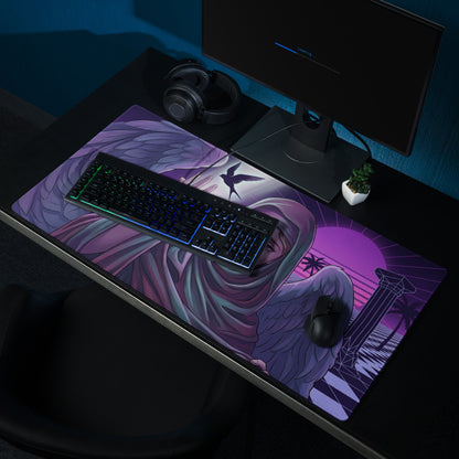 Purple and black neon angel vaporwave gaming mousepad with winged figure palm trees and geometric sunset design
