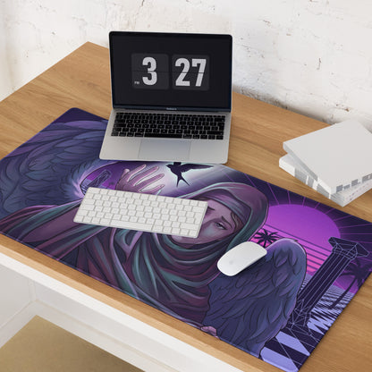 Purple and black neon angel vaporwave mouse pad with a stylized angel figure, wings, palm trees, and retro sunset design