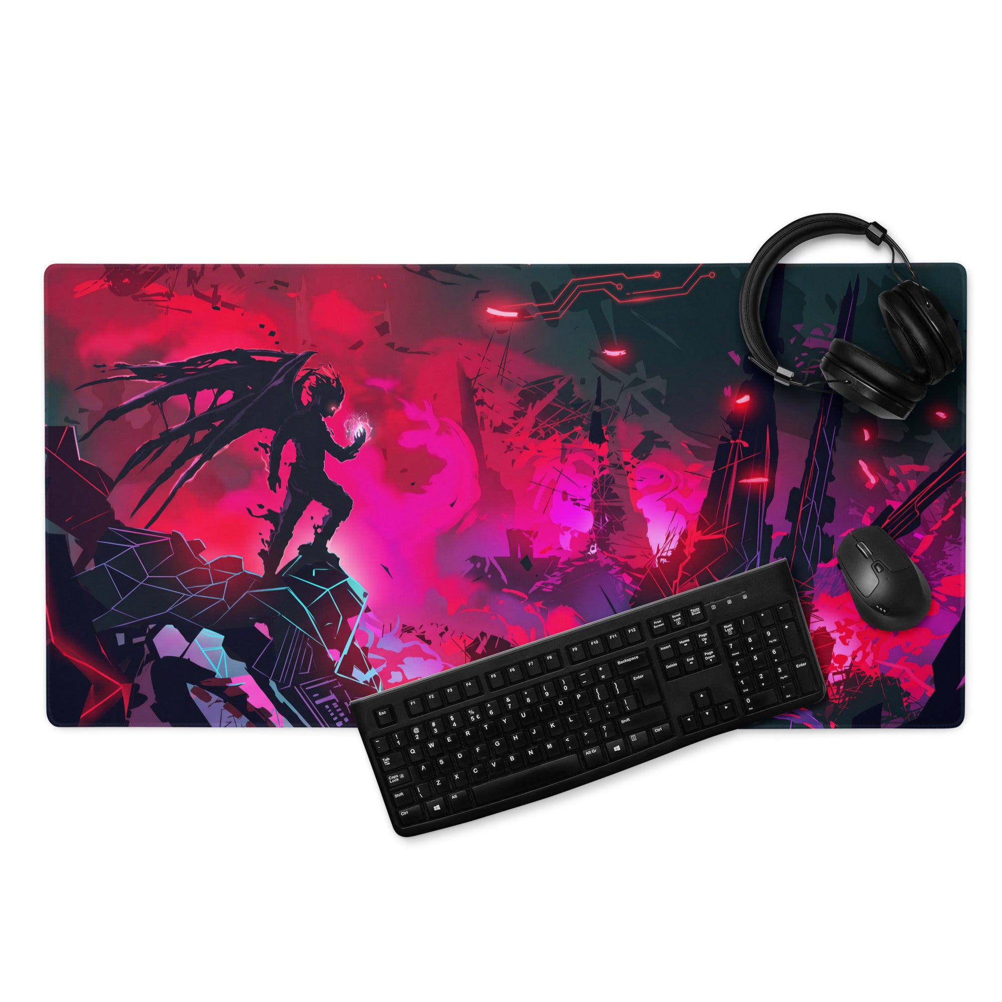 Vibrant red and purple anime-themed vaporwave neon cyber mouse pad with dynamic character illustration for gaming desks