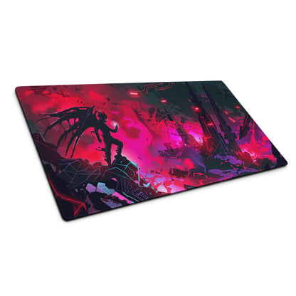Vaporwave neon cyber mouse pad with vibrant red and pink neon colors featuring a dark anime character and futuristic cityscape