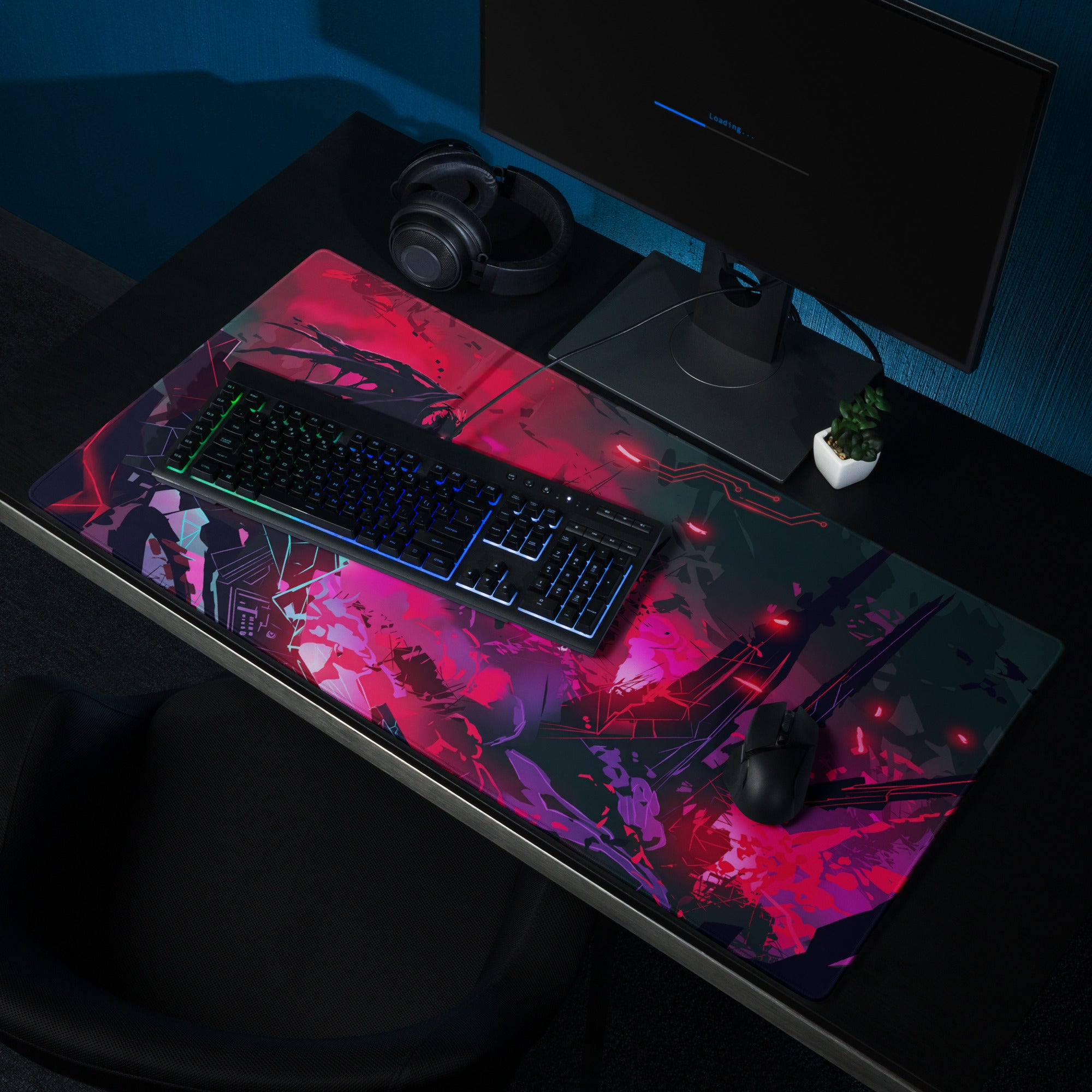 Vibrant red and purple vaporwave neon cyber mouse pad with glossy finish and dynamic anime character silhouettes on desk setup