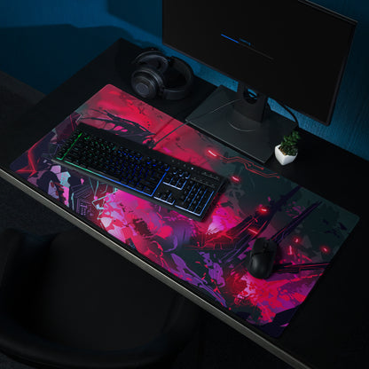 Vibrant red and purple vaporwave neon cyber mouse pad with glossy finish and dynamic anime character silhouettes on desk setup