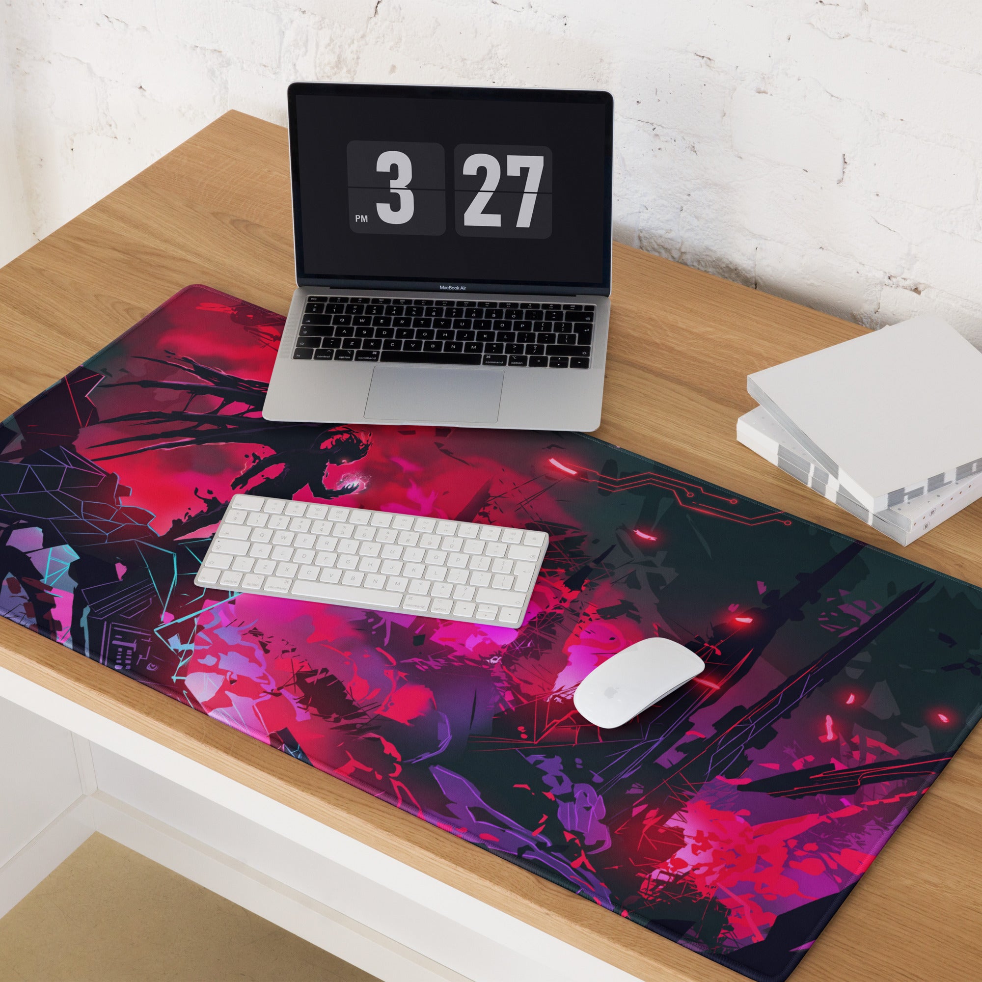 Vibrant red and purple vaporwave neon cyber mouse pad with glossy finish for energetic retro futurism desk setups