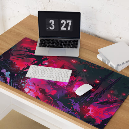 Vibrant red and purple vaporwave neon cyber mouse pad with glossy finish for energetic retro futurism desk setups