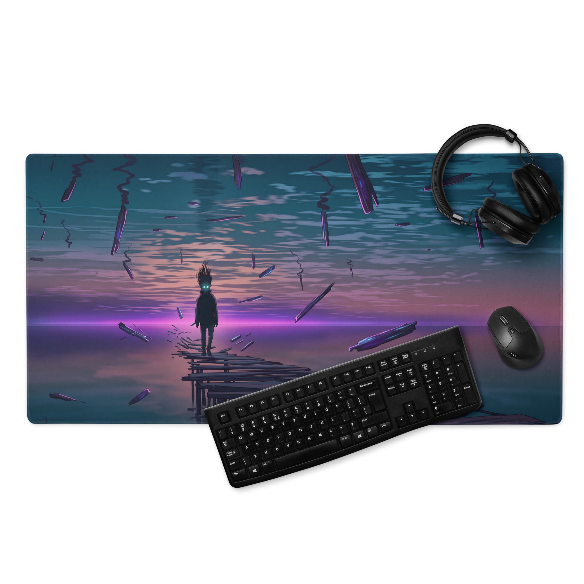 Vaporwave sunset desk mat featuring a vibrant anime-style figure on a wooden pier under a teal purple twilight sky