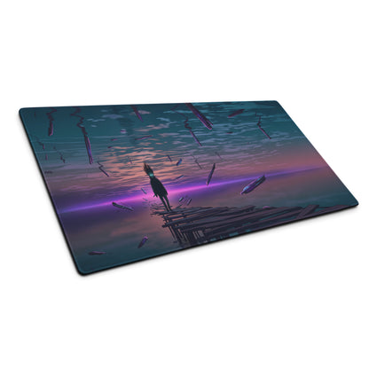 Rectangular vaporwave sunset desk mat mouse pad with surreal anime figure on wooden pier under teal purple twilight sky