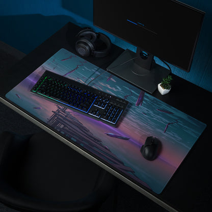 A sleek rectangular gaming mousepad with vibrant teal and purple anime-inspired floating structures and gradient sky design