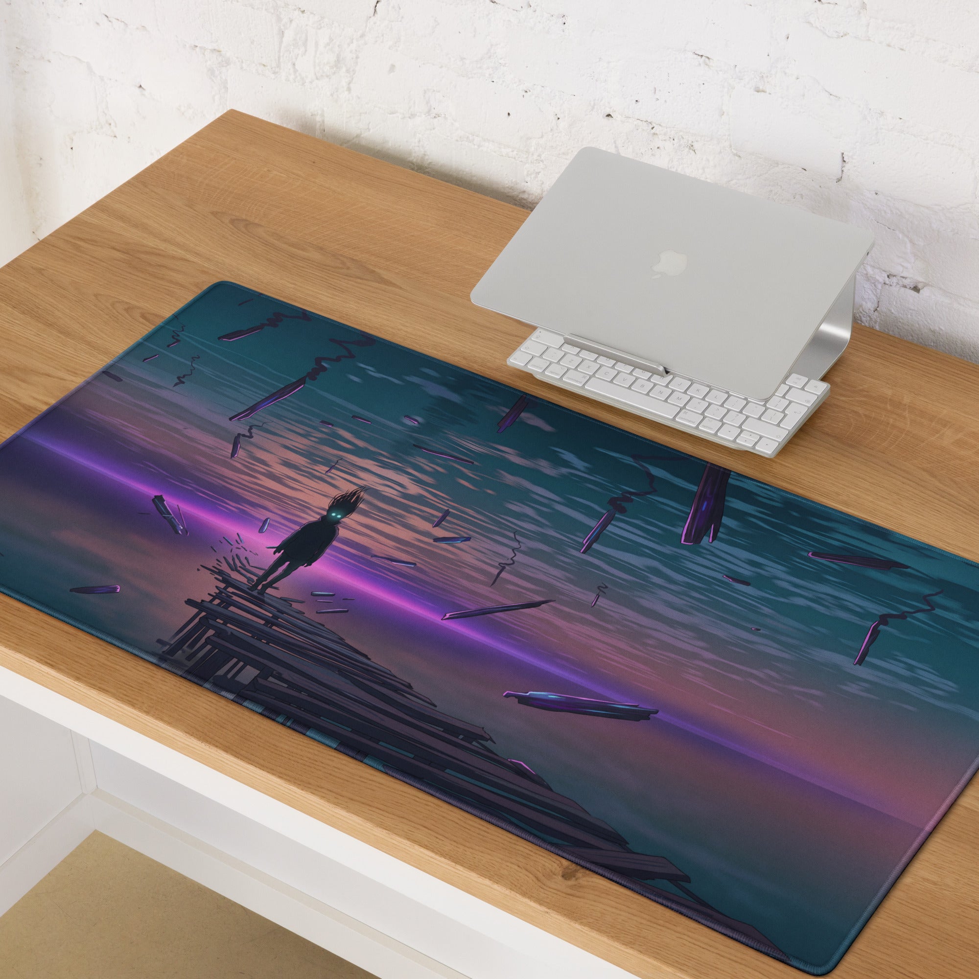 Rectangular glossy vaporwave sunset desk mat mouse pad with teal purple anime illustration on broken pier at twilight