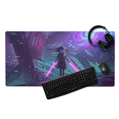 Neon vaporwave gaming mouse pad featuring a purple and blue neon anime design with a futuristic cityscape and non slip base