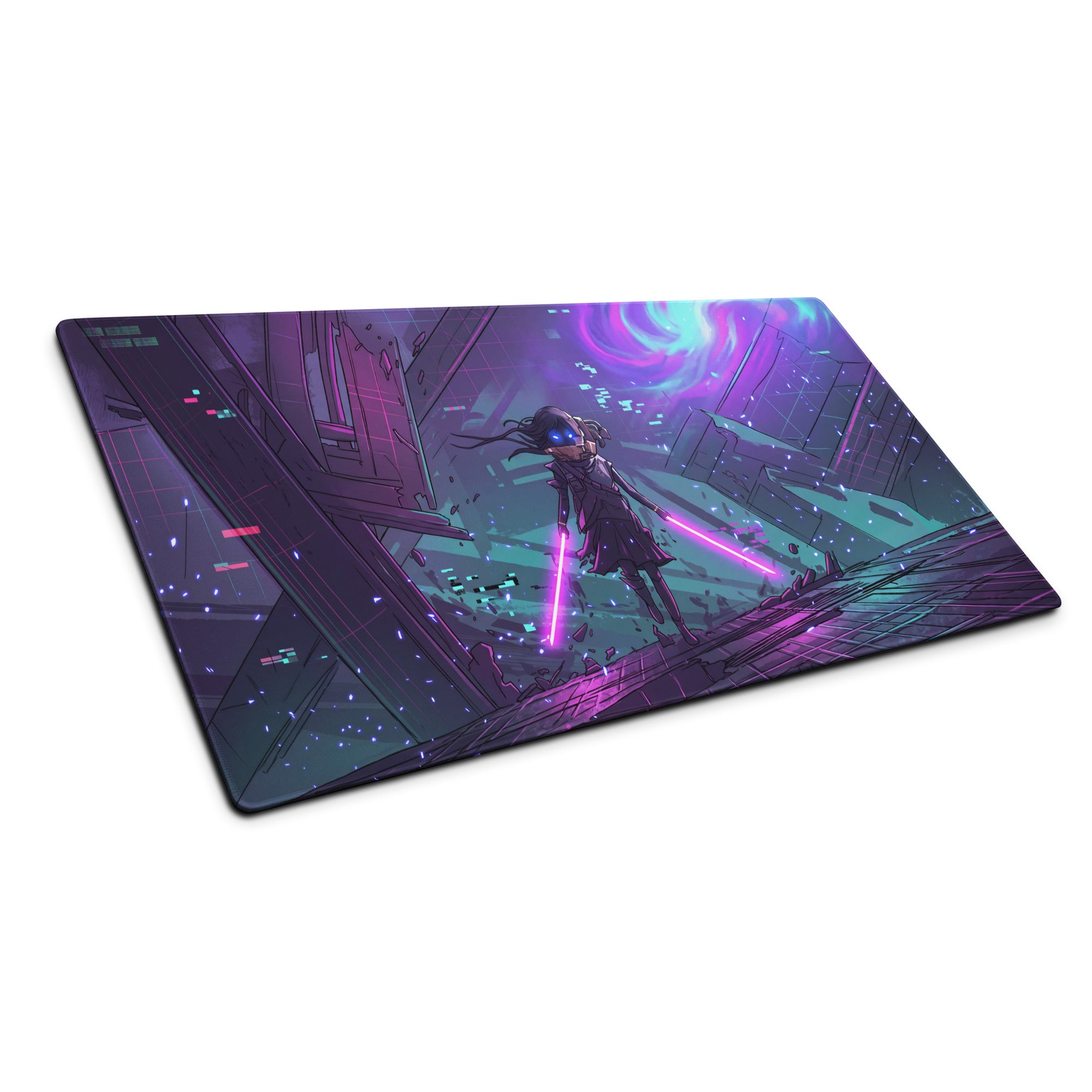 Neon vaporwave gaming mouse pad in purple and teal with anime character wielding glowing lightsabers in futuristic ruin