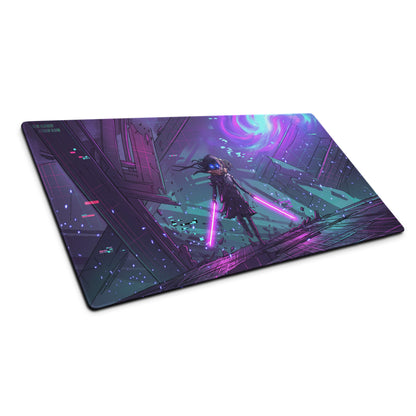 Neon vaporwave gaming mouse pad in purple and teal with anime character wielding glowing lightsabers in futuristic ruin