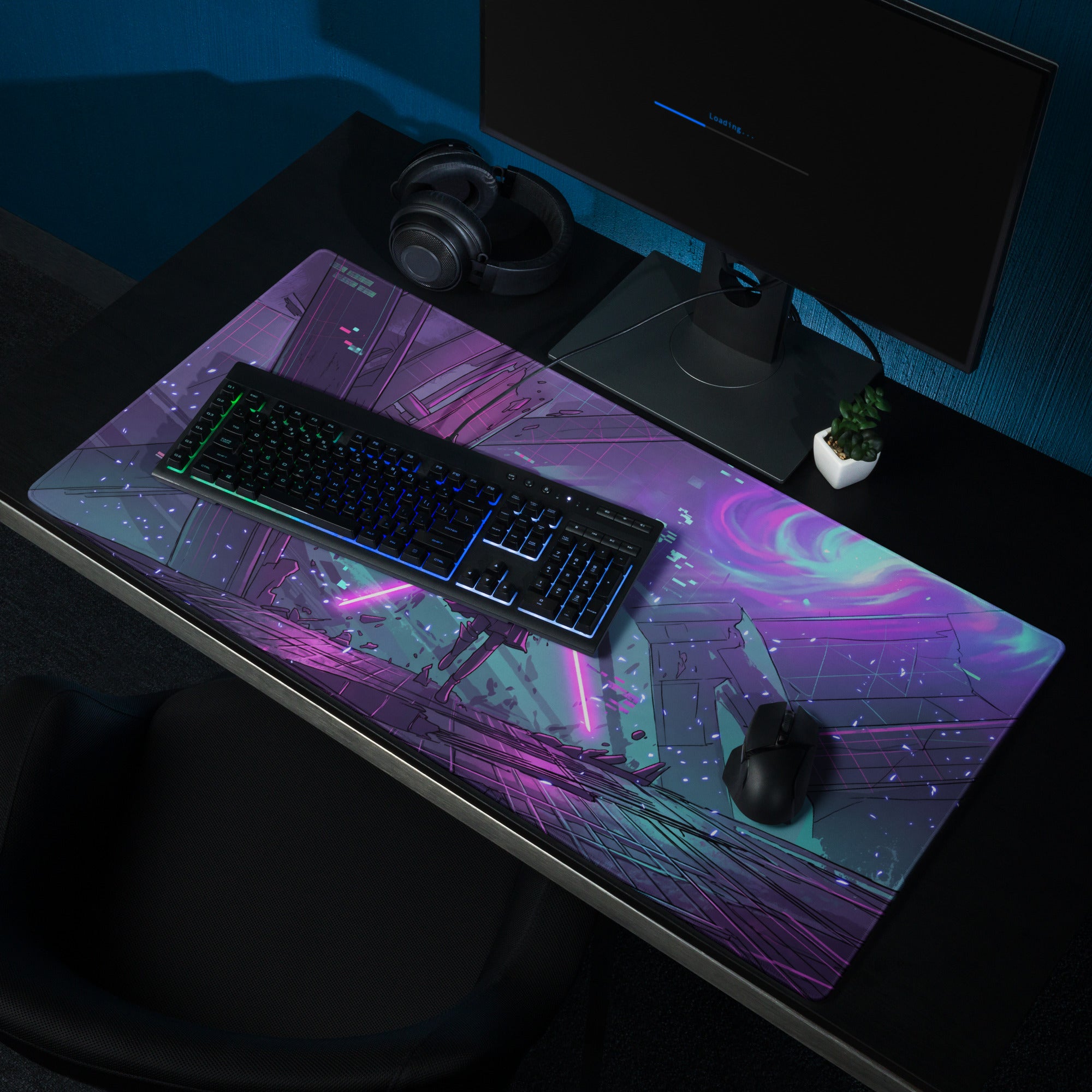 Neon vaporwave gaming mouse pad with purple and teal cosmic design featuring futuristic cityscape art and non slip base