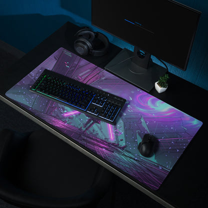 Neon vaporwave gaming mouse pad with purple and teal cosmic design featuring futuristic cityscape art and non slip base