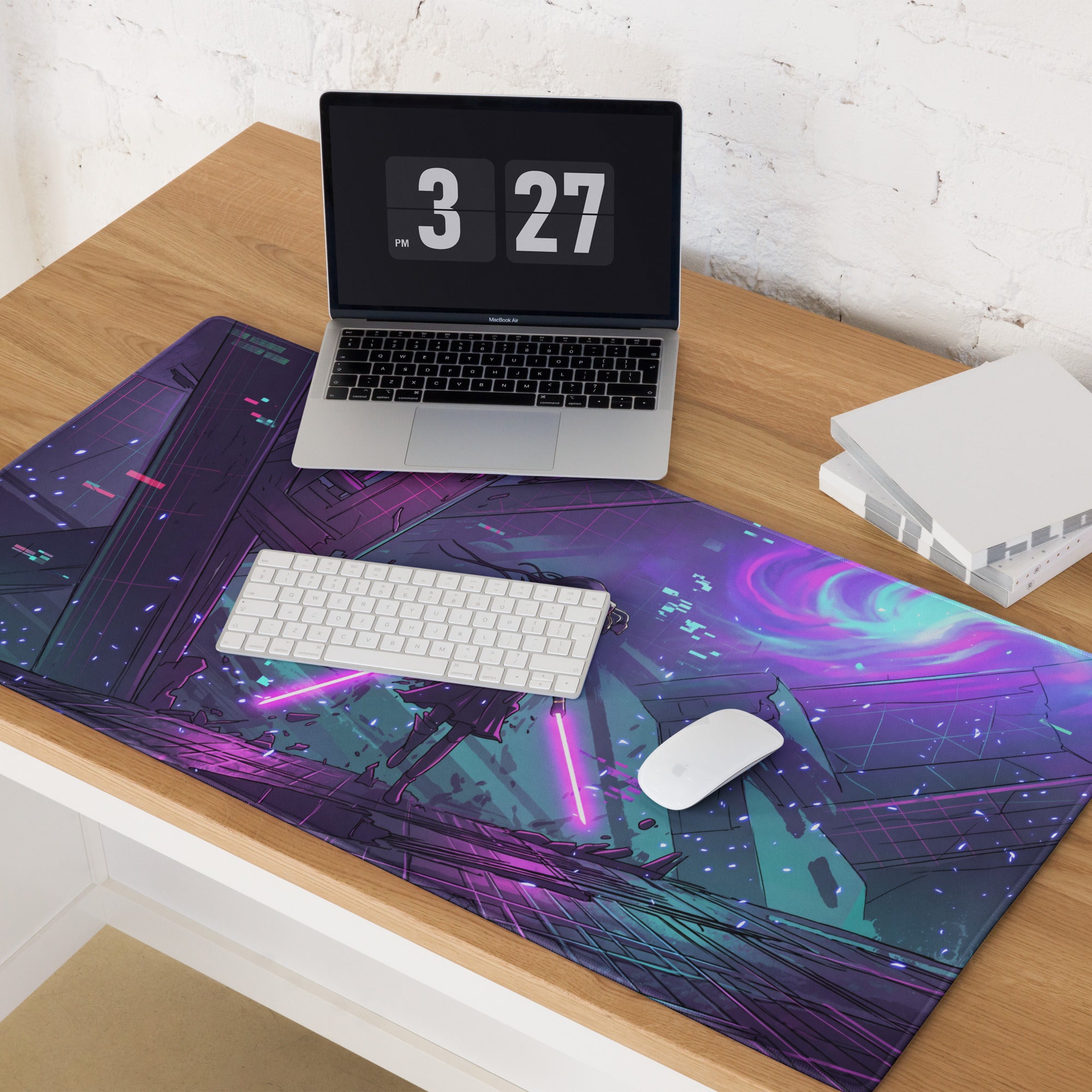 Neon vaporwave gaming mouse pad with vibrant purple and teal colors and glowing neon cyberpunk accents for non slip use