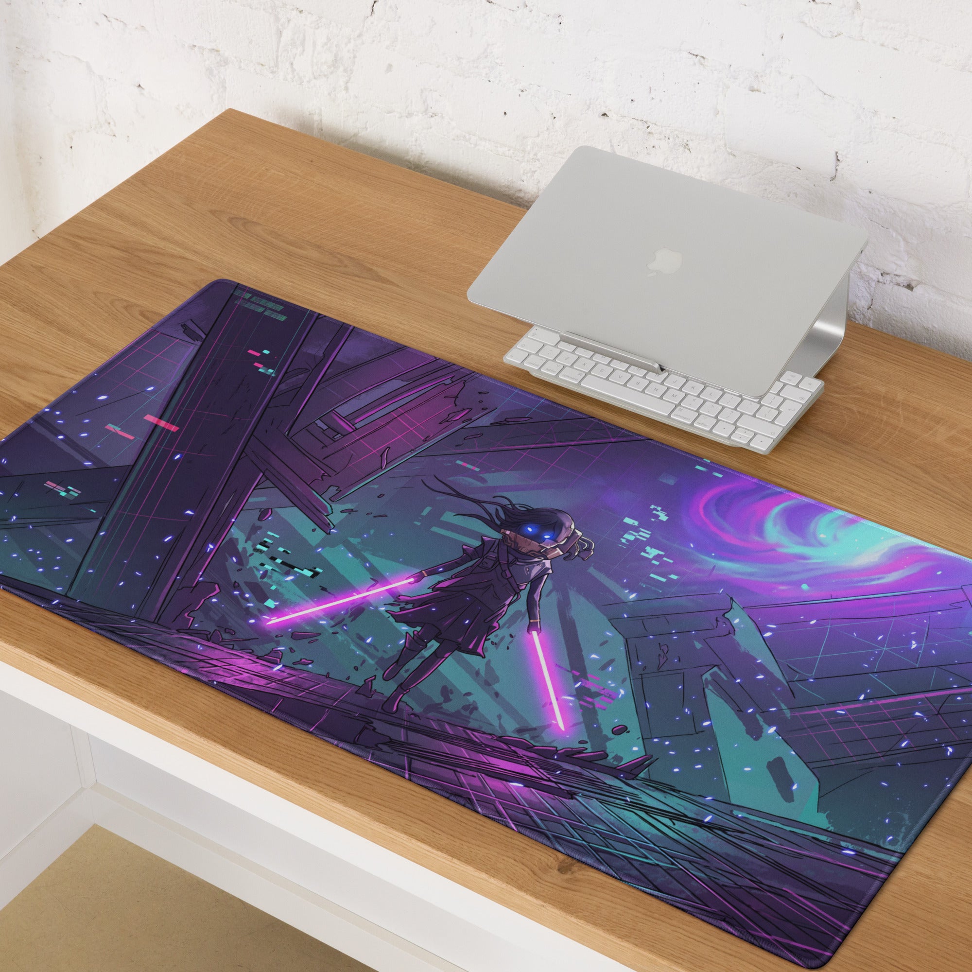 Neon vaporwave gaming mouse pad with purple and teal cyberpunk design featuring a character with glowing pink lightsabers