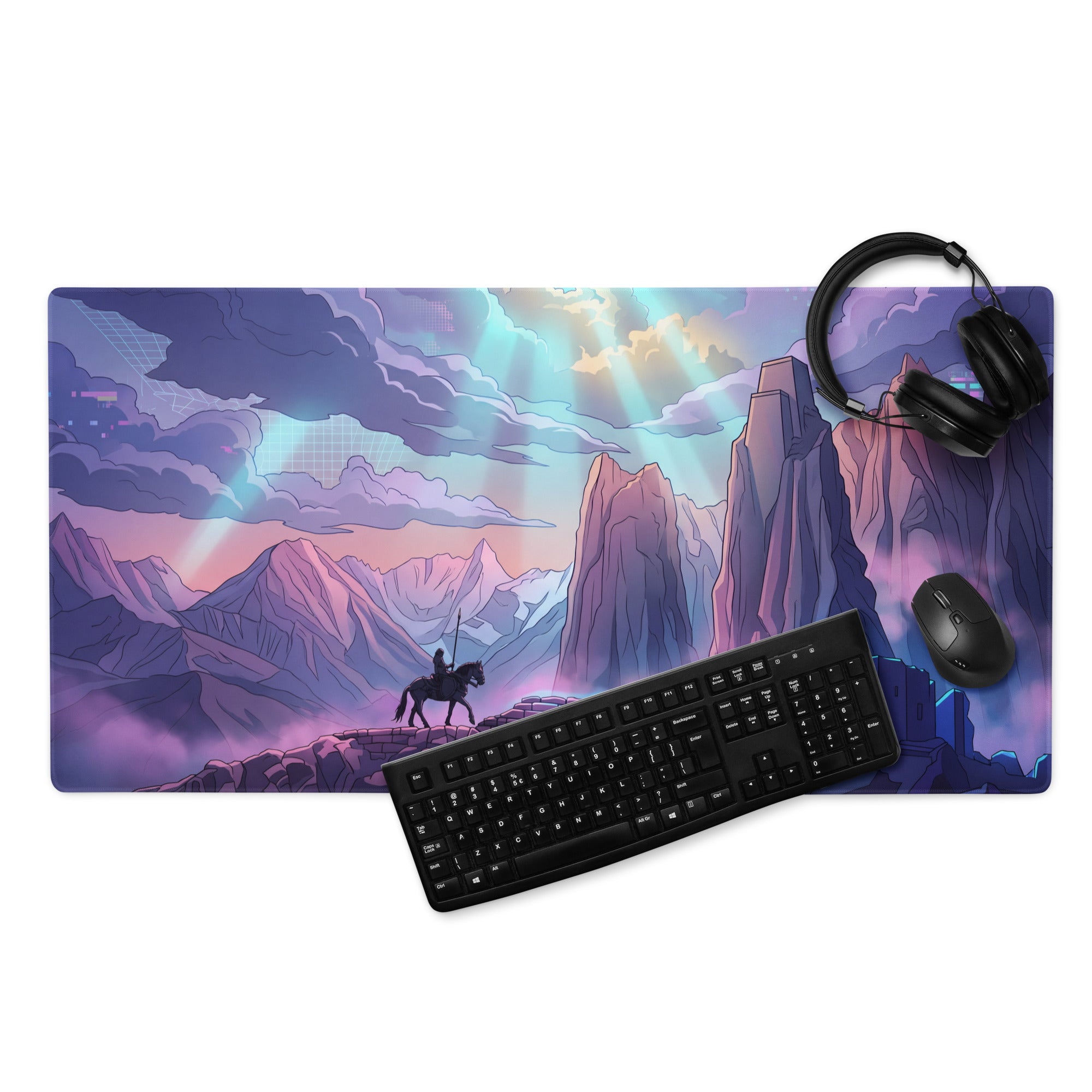 Neon vaporwave mountain mouse pad with purple pink cyan fantasy landscape featuring lone rider on horseback