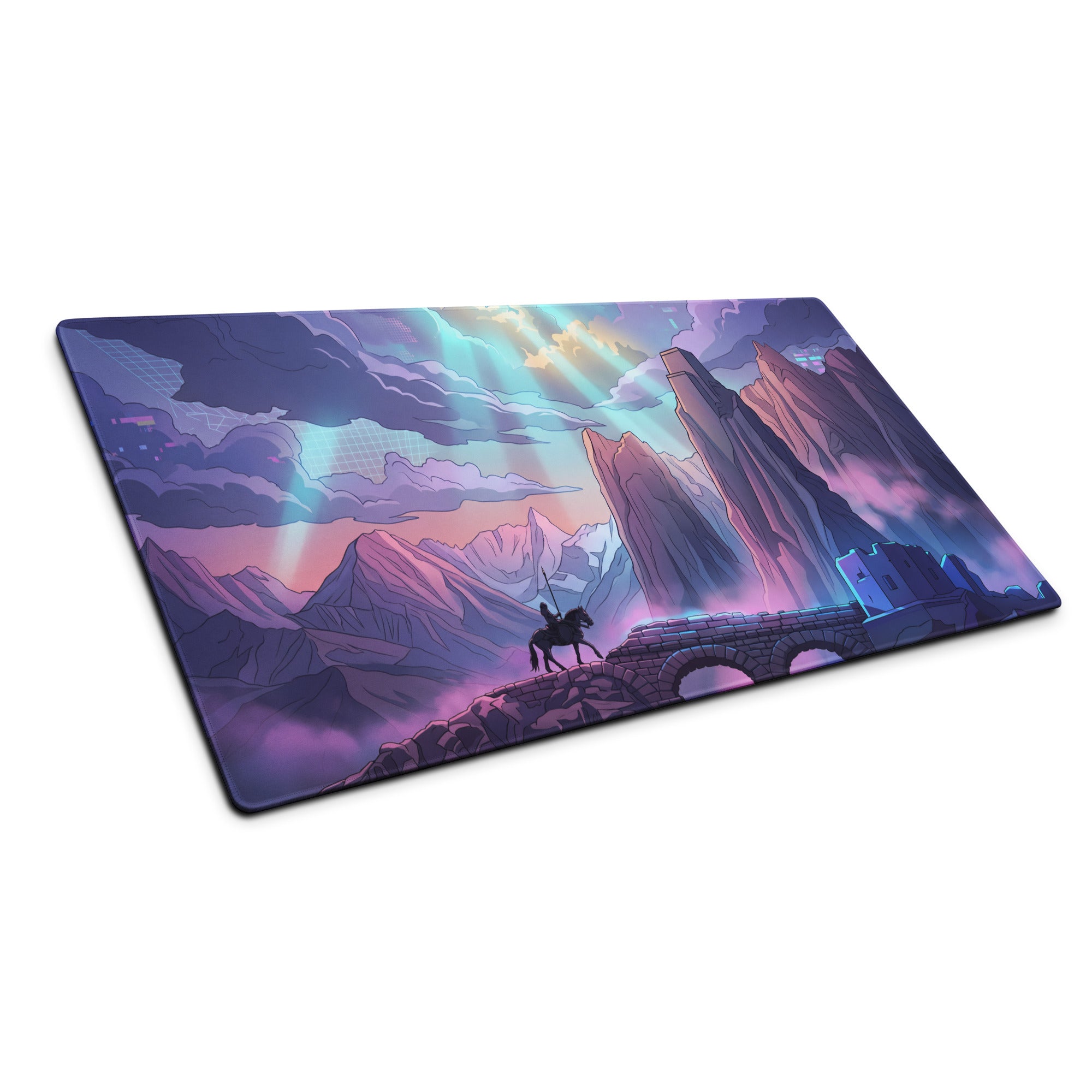 A rectangular neon vaporwave mountain mouse pad featuring a vibrant pink purple cyan fantasy landscape for gaming setup