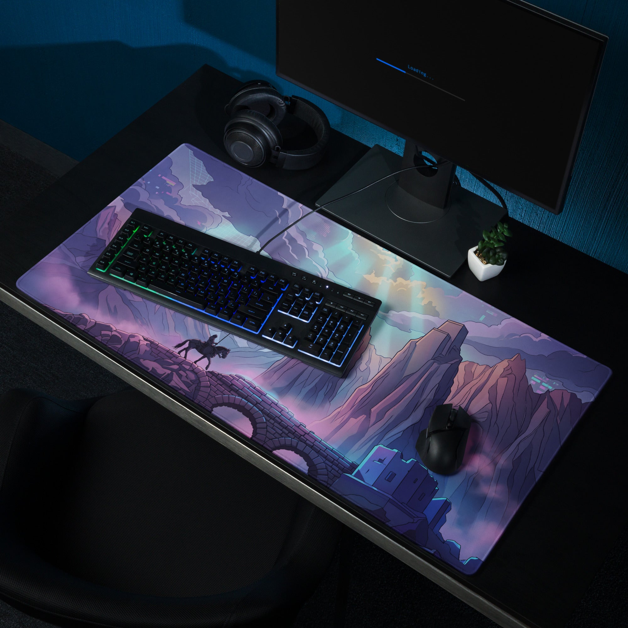 Purple and pink neon vaporwave mountain gaming mousepad with fantasy landscape and lone rider on horseback design