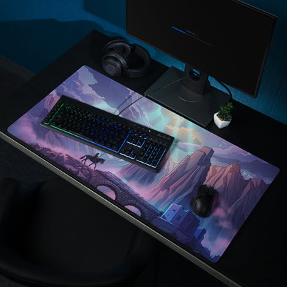 Purple and pink neon vaporwave mountain gaming mousepad with fantasy landscape and lone rider on horseback design
