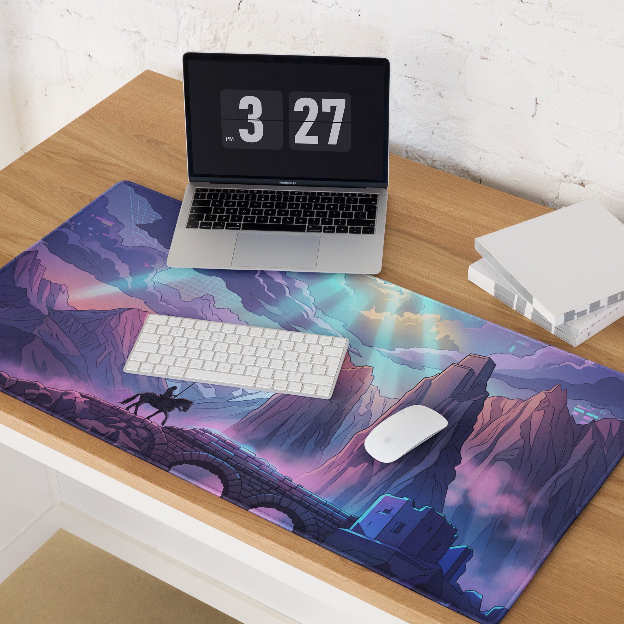 Vibrant purple and teal neon vaporwave mountain mouse pad featuring a lone rider crossing an ancient stone bridge