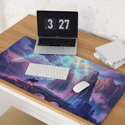 Vibrant purple and teal neon vaporwave mountain mouse pad featuring a lone rider crossing an ancient stone bridge
