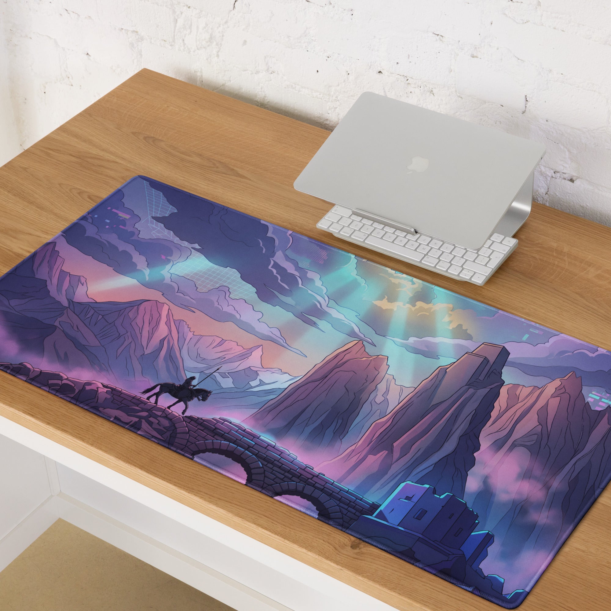 Neon vaporwave mountain mouse pad vibrant purple teal fantasy landscape with lone rider on bridge for gaming setup